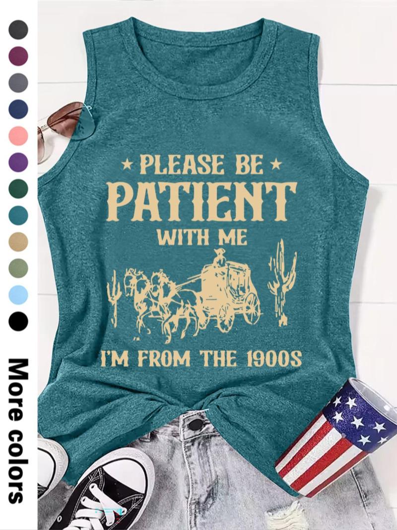 Women's Letter Print Round Neck Tank Top, Casual Sleeveless Crew Neck Top for Daily Wear, Ladies Clothes for All Seasons