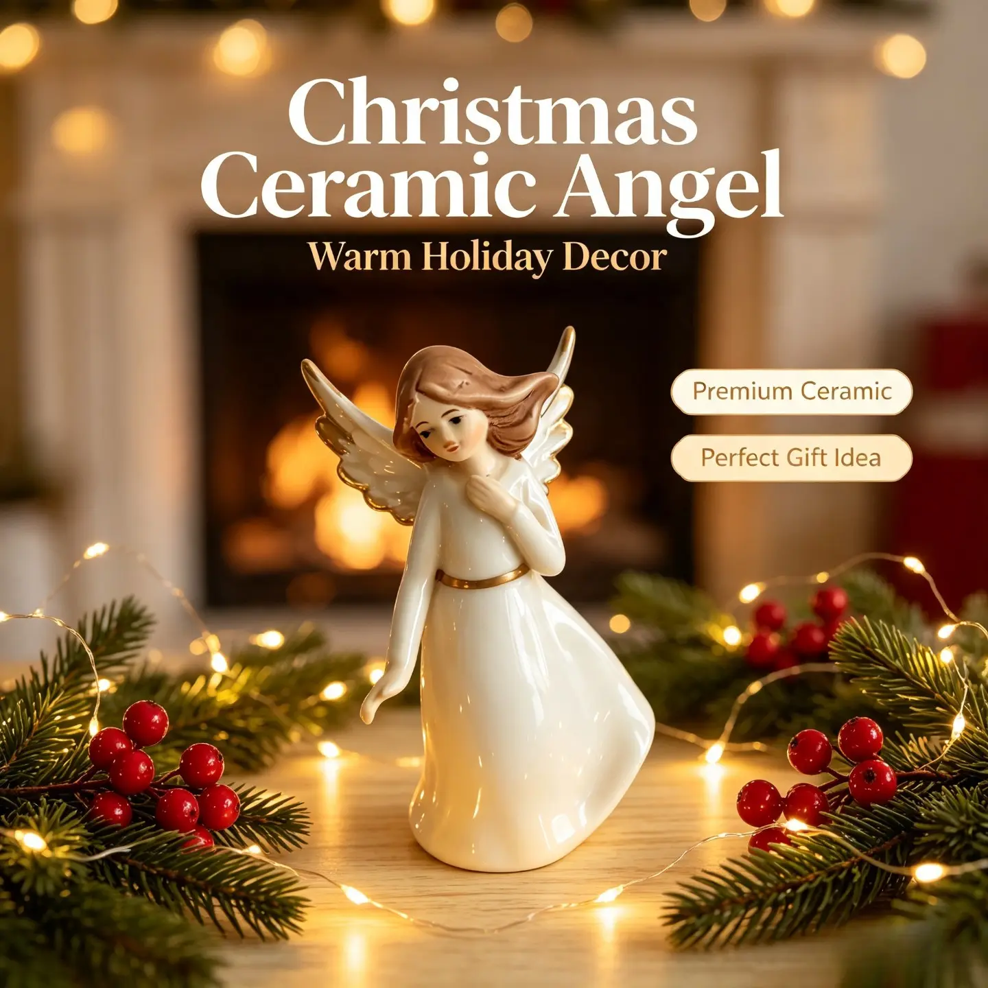 Beautiful Graceful Christmas Ceramic Angel Figurine, Gold‑Accented Porcelain Angel Statue Ornament, Premium Handcrafted Fireplace Mantel Shelf Tabletop Home Decor, Cozy Winter Holiday Desktop Centerpiece, Wonderful Xmas Gift, Thanksgiving New Year Housewa