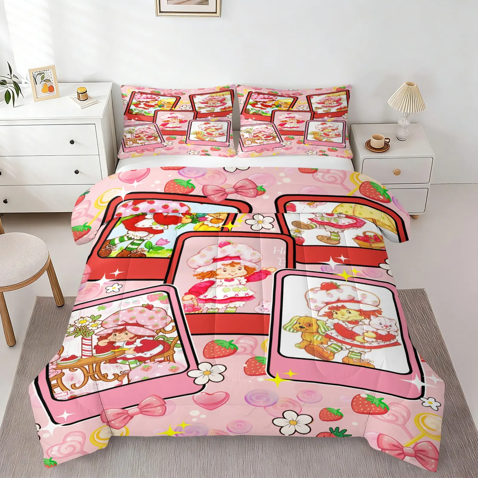 Cute Strawberry Shortcake Cartoon Photo Frame Comforter Bedding Set, 1 Comforter + 1-2 Pillowcases, HD Digital Printed, Soft Comfortable Skin-Friendly Washable Fabric, Pink Sweet Summer Kids Room Decor