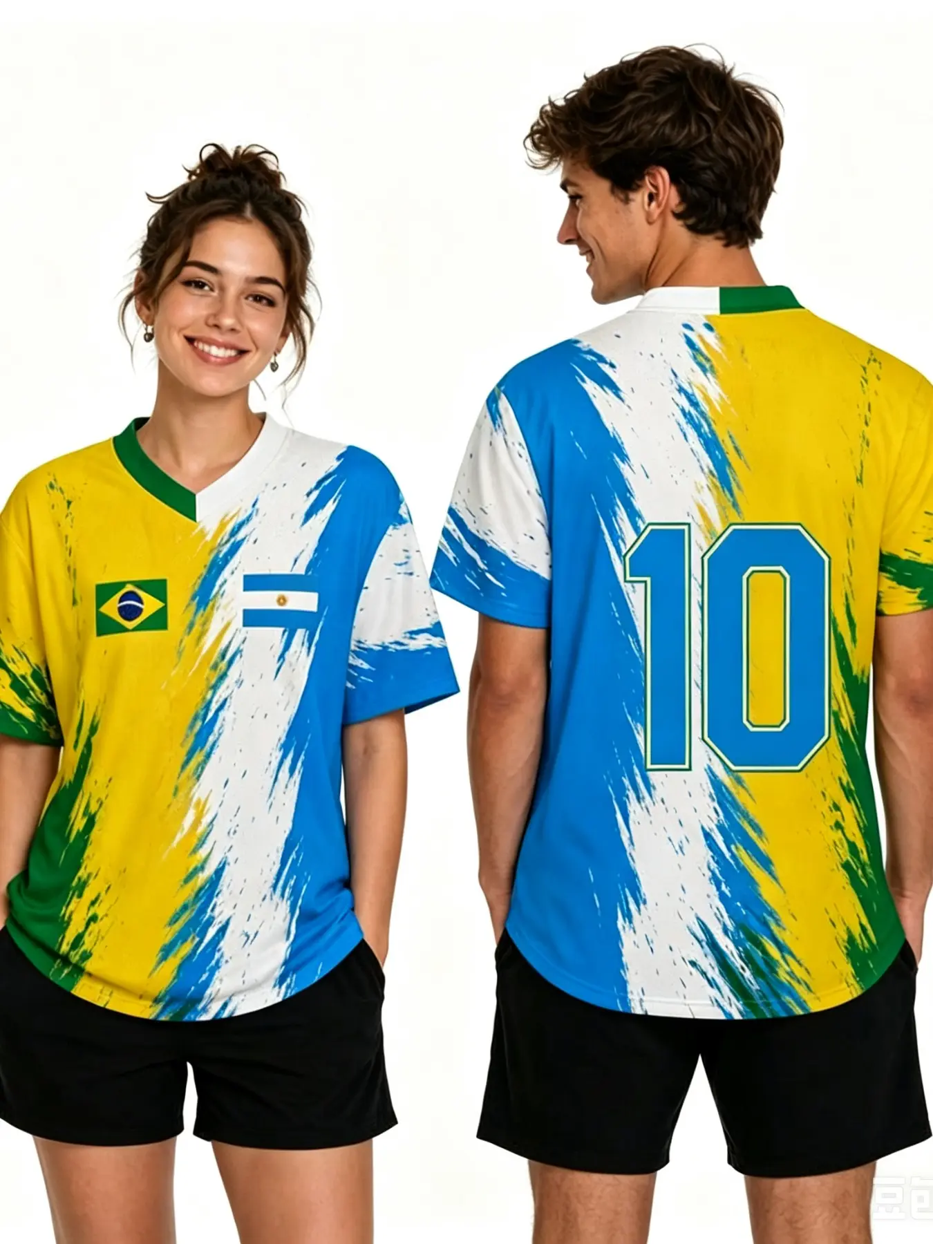 Brazil Argentina Dual Flag Football Couples Jersey, Quick-Dry V-Neck Short Sleeve, South American Fan Training Top, Breathable Sports T-Shirt