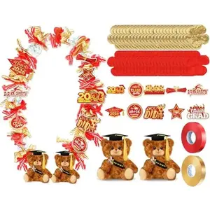 2 Pcs Graduation Bear Candy Leis for Class of 2026, Red & Gold Graduation Leis Graduation Candy Leis Stuffed Animal Graduation Necklace DIY Kit for Preschool Kindergarten Elementary 5th Grade High School College Graduatin Gifts