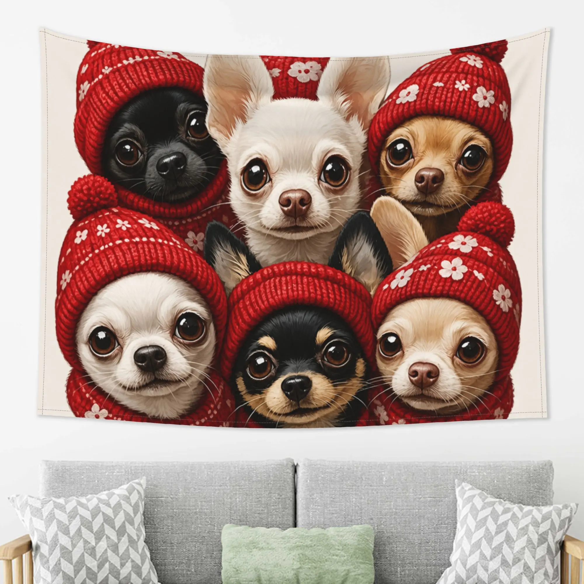 Chihuahua Tapestry Wall Hanging Cute Dogs in Red Beanies Pattern Wall Decor for Bedroom Living Room Dorm Aesthetic Pet Lover Gift Backdrop,Hippie,UV