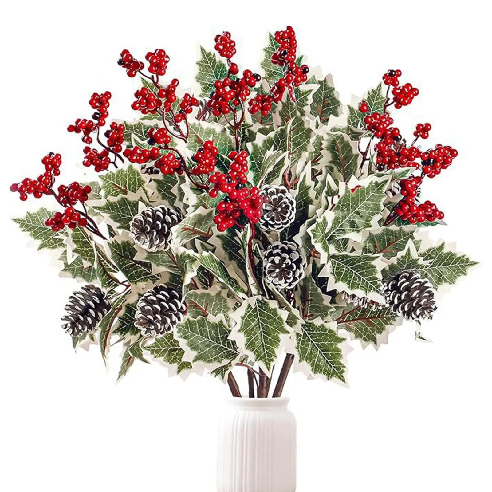 6 Pack Artificial Holly Berry Stems, Faux Variegated Green Holly Leaves with Vibrant Red Foam Berries and Natural White-Tipped Pine Cones, Realistic Silk Floral Picks for Christmas Table Centerpieces, Vase Arrangements, Front Door Wreath DIY Crafting,