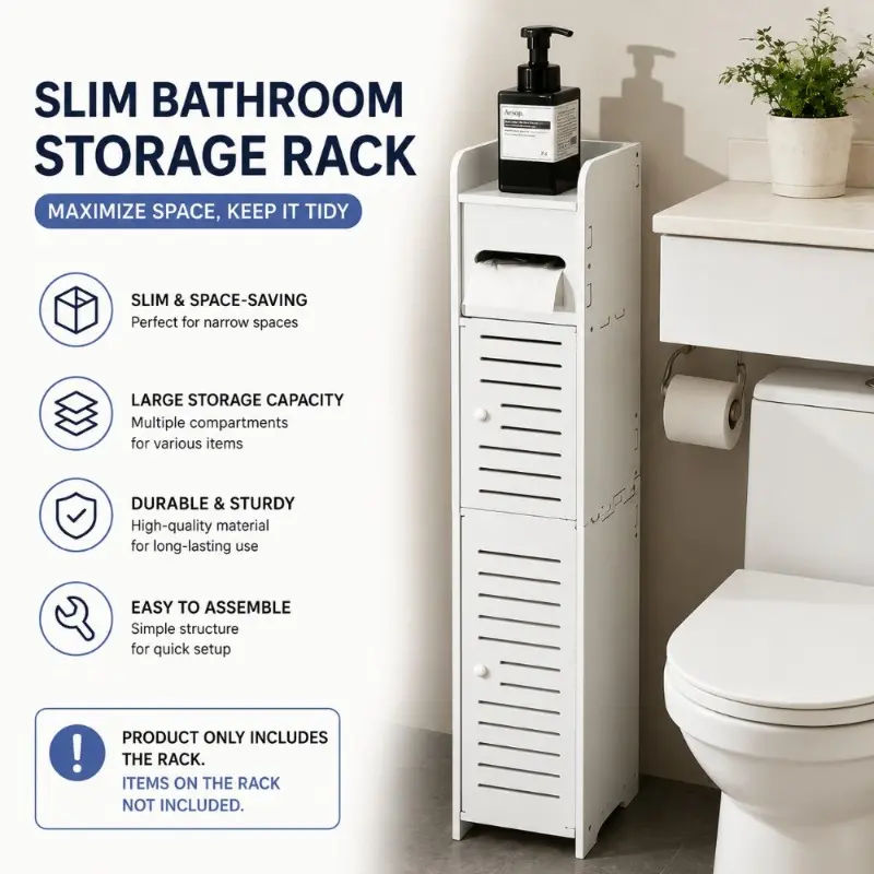Slim Bathroom Storage Cabinet, PVC Waterproof Narrow Storage Organizer, Multi-Tier Toilet Paper Storage Shelf, Floor Standing Space Saver for Bathroom, Bedroom & Living Room, Modern Storage Cabinet