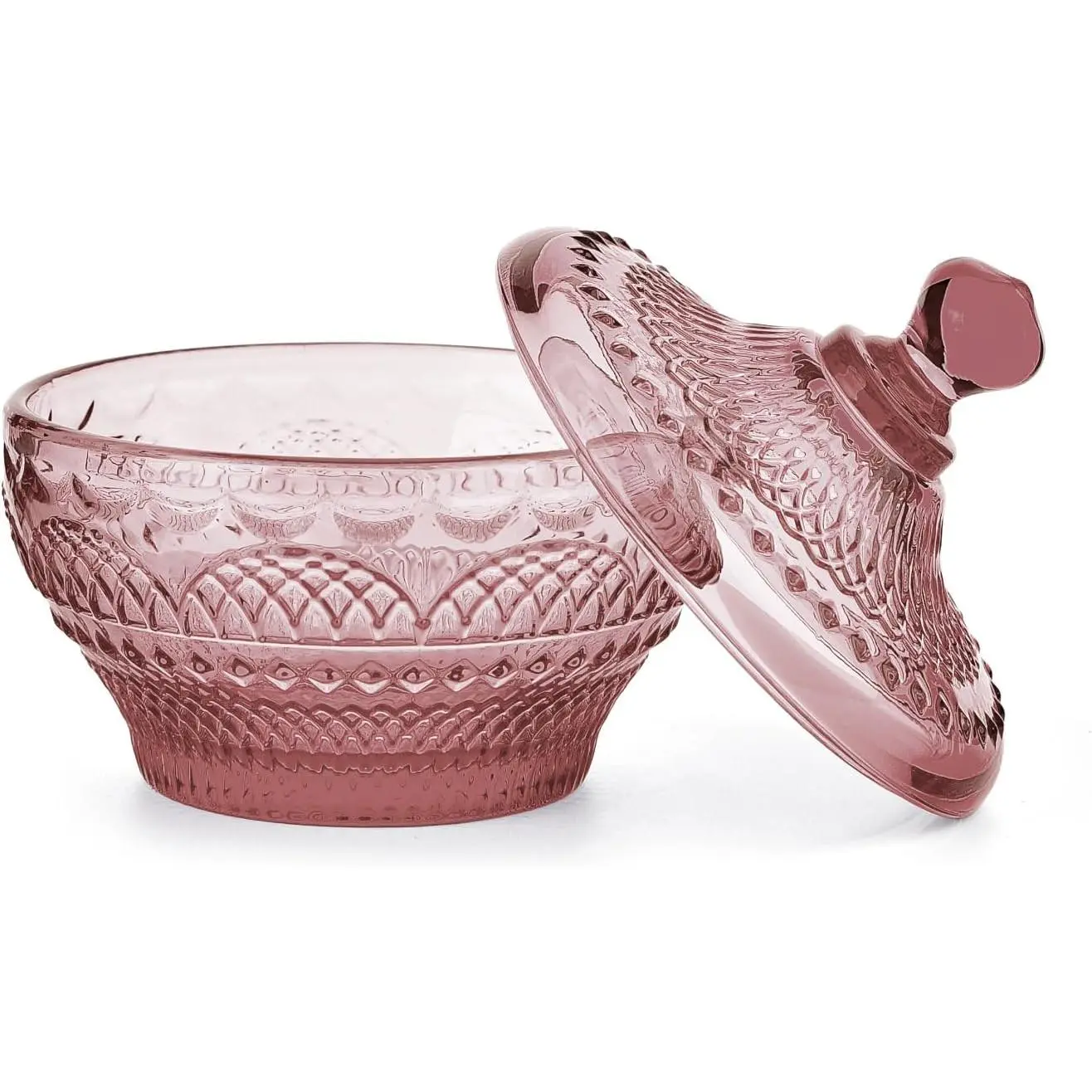 Vintage Embossed Glass Candy Storage Jars with Lid - Light Purple | Small Decorative Colorful Candy Dishes Purple Cookie Container, Pretty Covered Bowls for Chocolate Dessert Icecream Buffet