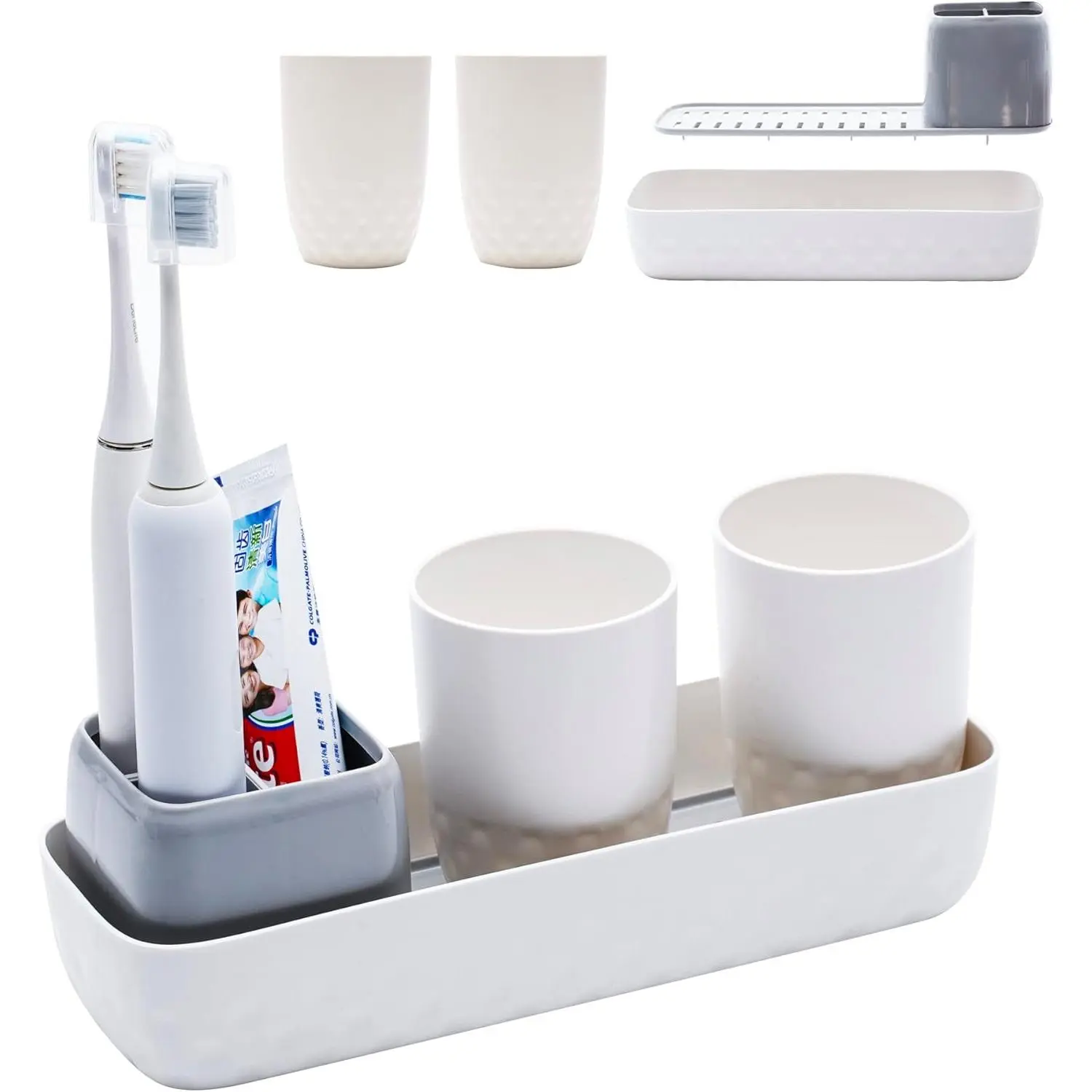 Toothbrush Holders for Bathrooms,Kids Electric Toothbrush Holder with 2 Cups Set,White Tooth Brush Toothpaste,Small Countertop Organizer Stand for Men Farmhouse