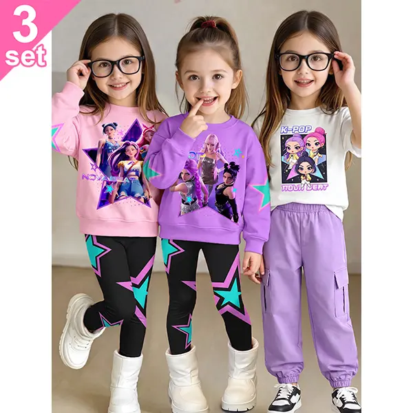 Little Girls 3‑Sets Clothing Set for 4‑7 Years Old, Crew Neck Long‑Sleeve Sweatshirt & Short‑Sleeve Tee with kpop Cartoon Girl & Star Prints, Star Pattern Leggings, Elastic Waist Cargo Trousers, Soft Loose Cute Everyday Casual Outfit for Autumn Winter