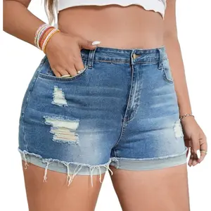 Plus Size Denim Shorts Women High Waisted Ripped Folded Hem Jean Shorts