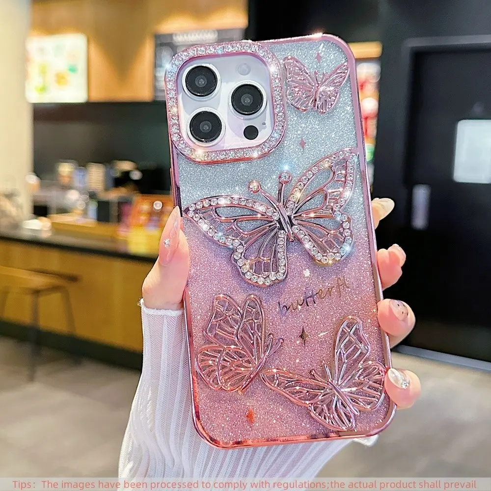 Gradient Glitter Rhinestone Butterfly Phone Case for iPhone 17 16 15 14 Pro Max Air Plus, Luxury Electroplated Protective Anti-Drop Cover for Women, Electroplated Tpu Cover