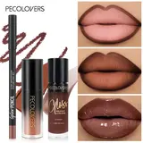 【Black Friday】3-Piece Plumping, Hydrating and Moisturizing Lip Makeup Set with Nude and Brown Liquid Lipstick, Mirror-Shine Lip Gloss and Lip Liner