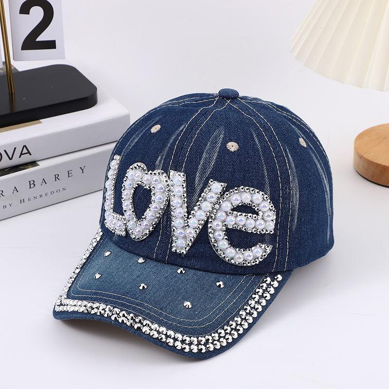 European and American handmade rhinestone-embellished sun protection hat, washed denim LOVE letter baseball cap for women, versatile sunshade from manufacturer