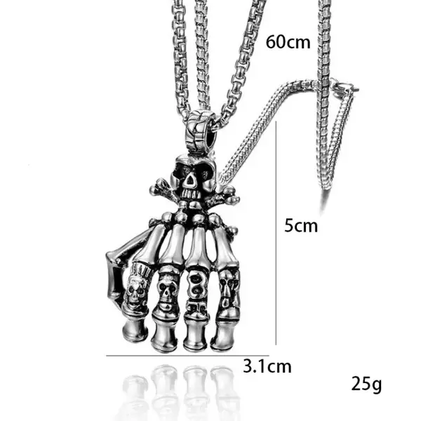 Skull Hand Pendant Necklace For Men Women Vintage Silver Color Skeleton Stainless Steel Chain Hip Hop Jewelry Halloween Gifts