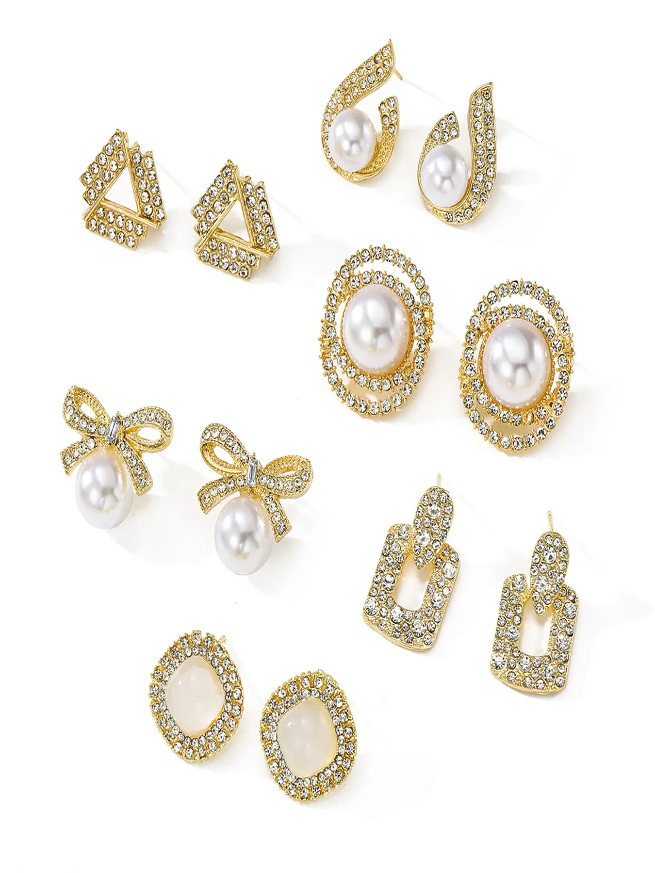 Exaggerated Rhinestone Pearl Earrings Set, Irregular Shape 6 Pairs, Artificial Gemstone Jewelry Gift, Unique Fashion Accessory