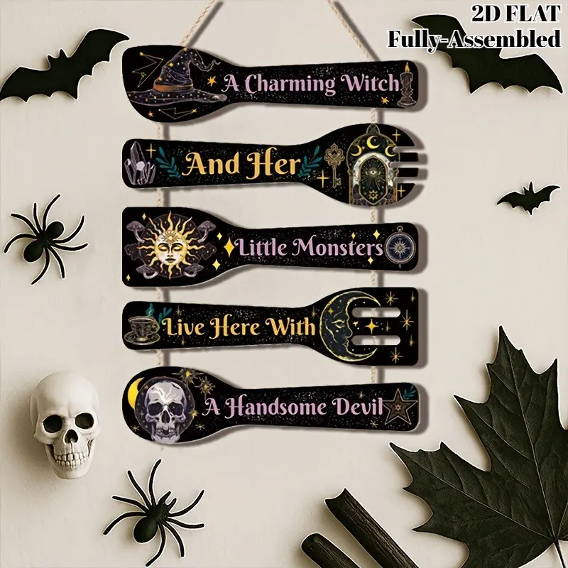 2D Flat Printed Halloween Gothic Aesthetic Wall Art Witchcraft Wooden Wall Decor Set | Rustic Spoon Shape Hanging Sign | Sun & Moon Phase Witch Kitchen Decor | Ideal for Home, Kitchen, Front Porch, Office| Unique Wall Decor Ornaments