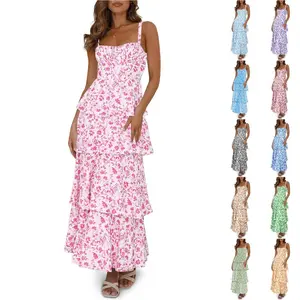 Danedvi New Womens Floral Maxi Dresses Spaghetti Strap Casual Sleeveless Ruffle Flowy Tiered Dress Comfort Fit Summer Black