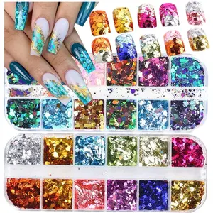 2 Boxes 24 Colors Chameleon Holographic Glitter Mermaid Nail Art Sequins 3D Flakes Laser Gradient Shiny Glitter Powder Accessories for Women DIY Manicure Decorations