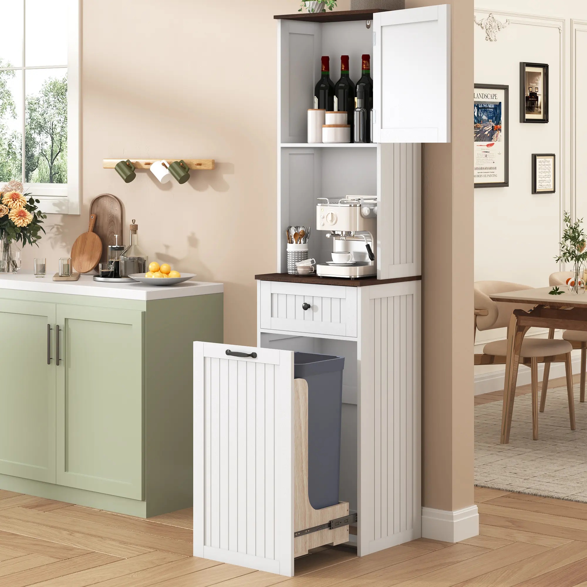 Modern Home Storage Cabinet - Compact Floor Cabinet with Hidden Drawer Compartment, Charging Station, Hidden Trash Bin Space, Kitchen Organizing Cupboard for Small Spaces, Entryway Corner Display