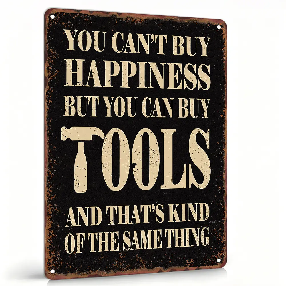 "Vintage Black Rustic Aluminum 8x12 Vertical Wall Decor Sign - Waterproof Indoor-Outdoor Hanging Plaque for Hammer Workshop Garage, Handyman Mechanic Novelty Gift (Print: You Can’t Buy Happiness But You Can Buy Tools And That’s Kind Of The Same Thing)", L