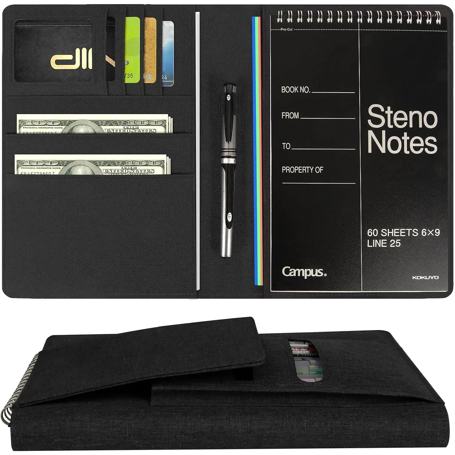 Journal Cover for  Flip | 6"x9" Steno Pad Holder & Top Spiral Notebook Cover |  Folio with Pen Loop & File Pocket for A5, Executive Size Notebooks (Black)