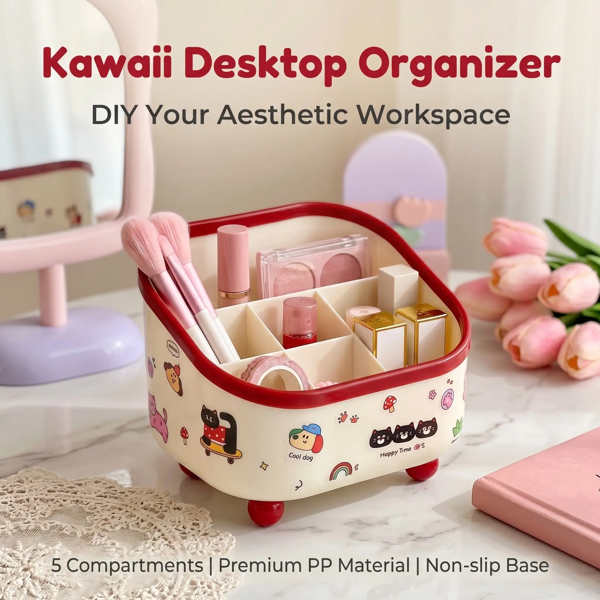 Creative Cute Storage Box, 6-Compartment Large Capacity Organizer, Office Dorm Room Divider, Includes Adorable Stickers