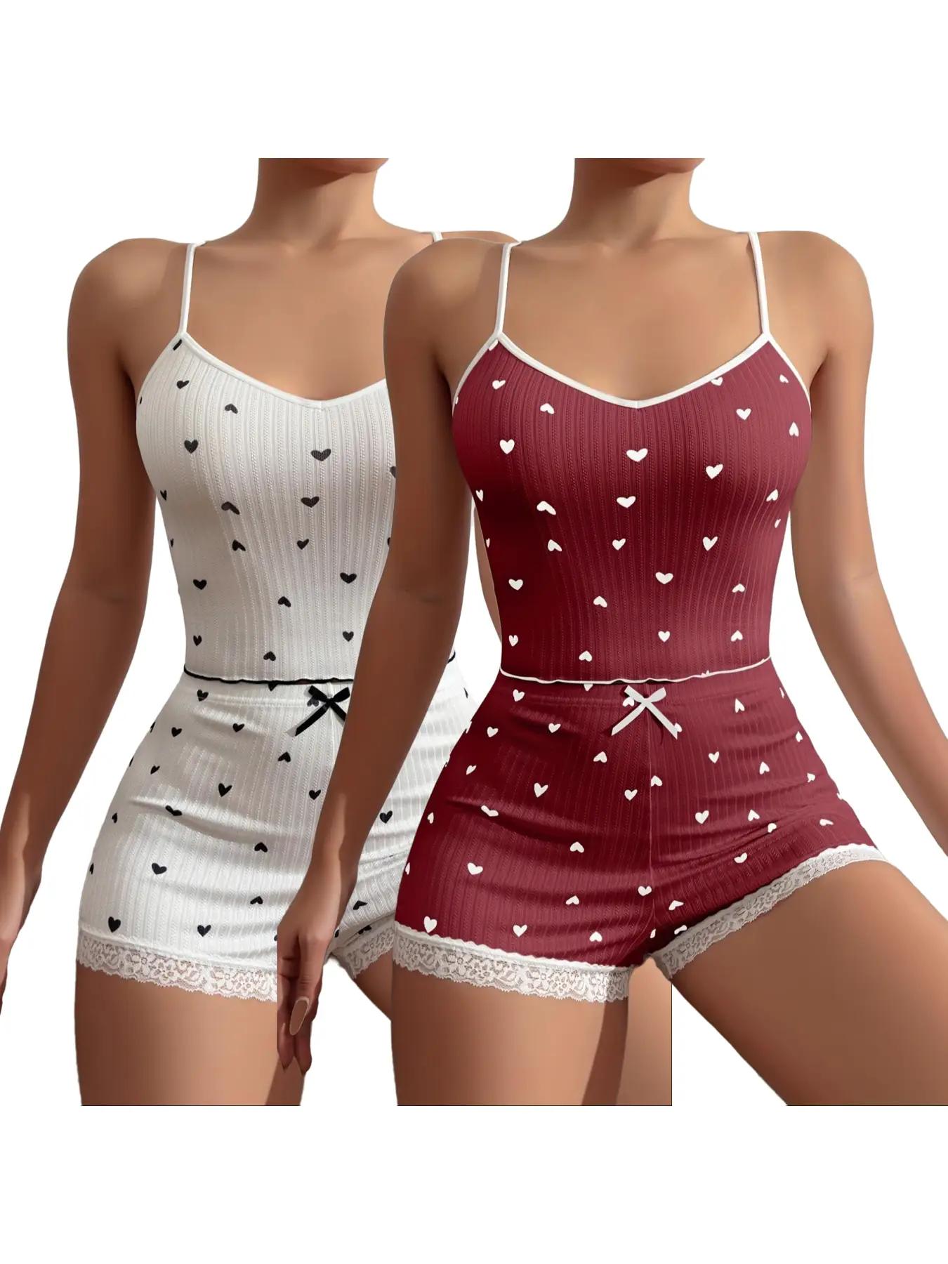 Women's All Over Heart Print Sheer Cami Top & Bow Front Contrast Lace Shorts Pyjama Set, Lounge Set, Cute Comfy Spaghetti Strap Sleeveless Top & Shorts Pj Lounge Co-ord Set, Summer Outfits 2024