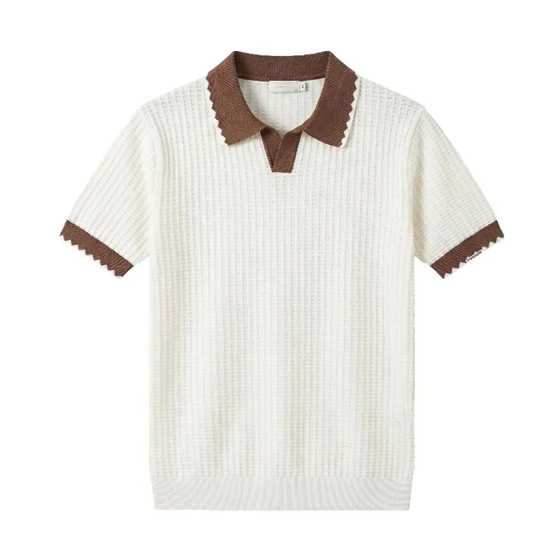 Men’s Polyester Summer Vertical Rib Knit Polo Shirt - V-Neck Short Sleeve, Scalloped Contrast Cuffs, Loose-Fit, Medium Length, Breathable, Machine Wash Business Casual Top #SummerWins, Menswear, Stylish, Shortsleeve, Tee
