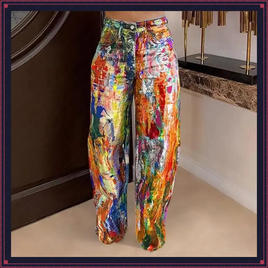 Colorful Graffiti High-Waist Wide-Leg Jeans, Baggy Unique Print Streetwear Denim Trousers, Ideal for Music Festivals and Casual Gatherings Pants Womenswear Fabric Fitted Can be used with raincoat