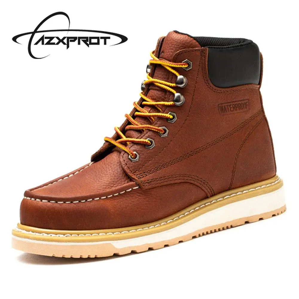 AZXPROT Men's Cowhide Leather Work Boots, 6-Inch Plain Round Toe Waterproof Breathable Outdoor Shoe with Lightweight Non-Slip Sole, Walking Shoes, Footwear