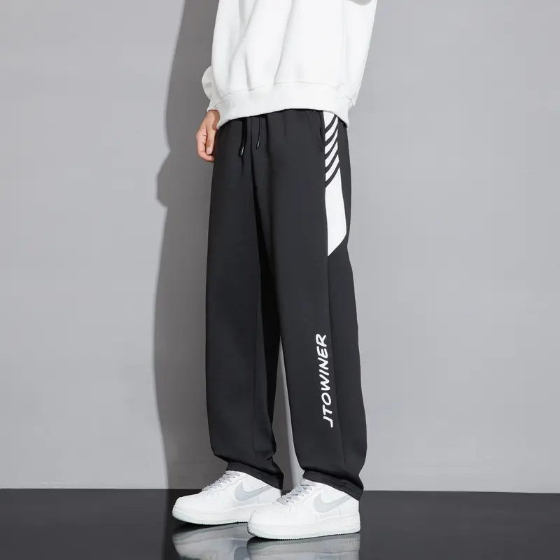 Men's Slim Fit Polyester Blend Sports Sweatpants - Elastic Drawstring Waist, Contrast Strips, Letter Print, Breathable Straight Leg Training Trousers for Running, Daily Wear
