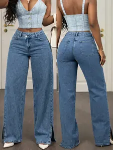 Light Blue High-Waisted Elastic Wide-Leg Jeans, Side Split Washed Design, Women's Commuter Slimming Floor-Length Pants