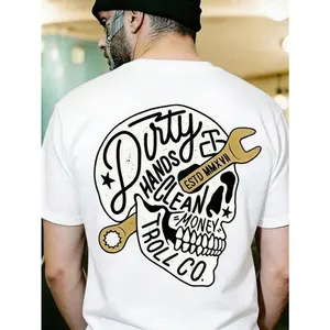 180g"Even With Grimy Hands, You Can Earn Clean Money"-Unisex Mechanic T-Shirt, Featuring A Workwear/Streetwear Print On The Back, And A Skull Pattern.