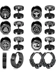 8 Pairs Black Punk Viking Rune Earring Set for Women Men Hypoallergenic Stainless Steel Trendy Unisex Piercing Jewelry Viking Rune Stud Earrings Classic Solid Black Hoop Earrings Ancient Norse Vintage Culture for Distinctive Personalized Styling