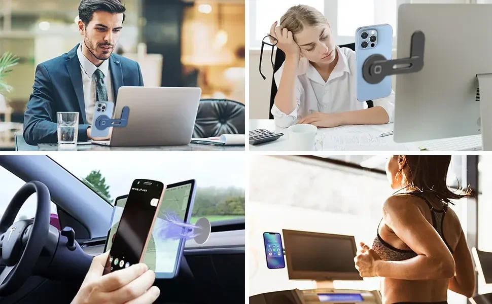 Magnetic Laptop Phone Holder Computer Monitor Side Cell Phone Slim& Foldable For All Phone secure hold clamp clip hook