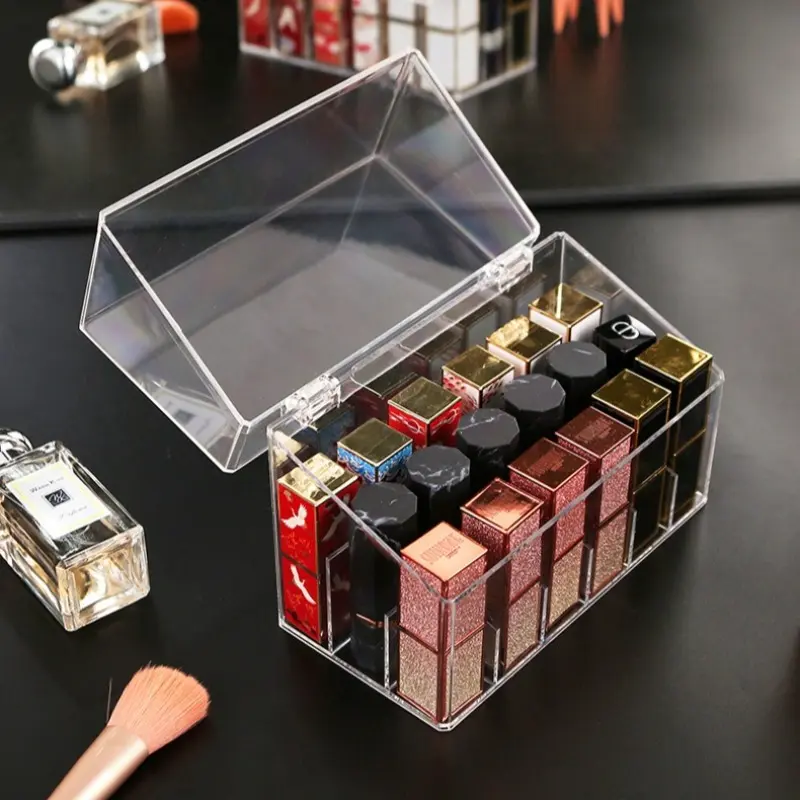 Clear Hard Acrylic Lipstick Storage Organizer Box with Dust Cover, Multi-Grid Lip Gloss Cosmetic Display Case for Makeup Sorting, for Women Makeup Lovers Beauty Bloggers Cosmetologists, Suitable for Vanity Bedroom Dorm Apartment Global Daily Use