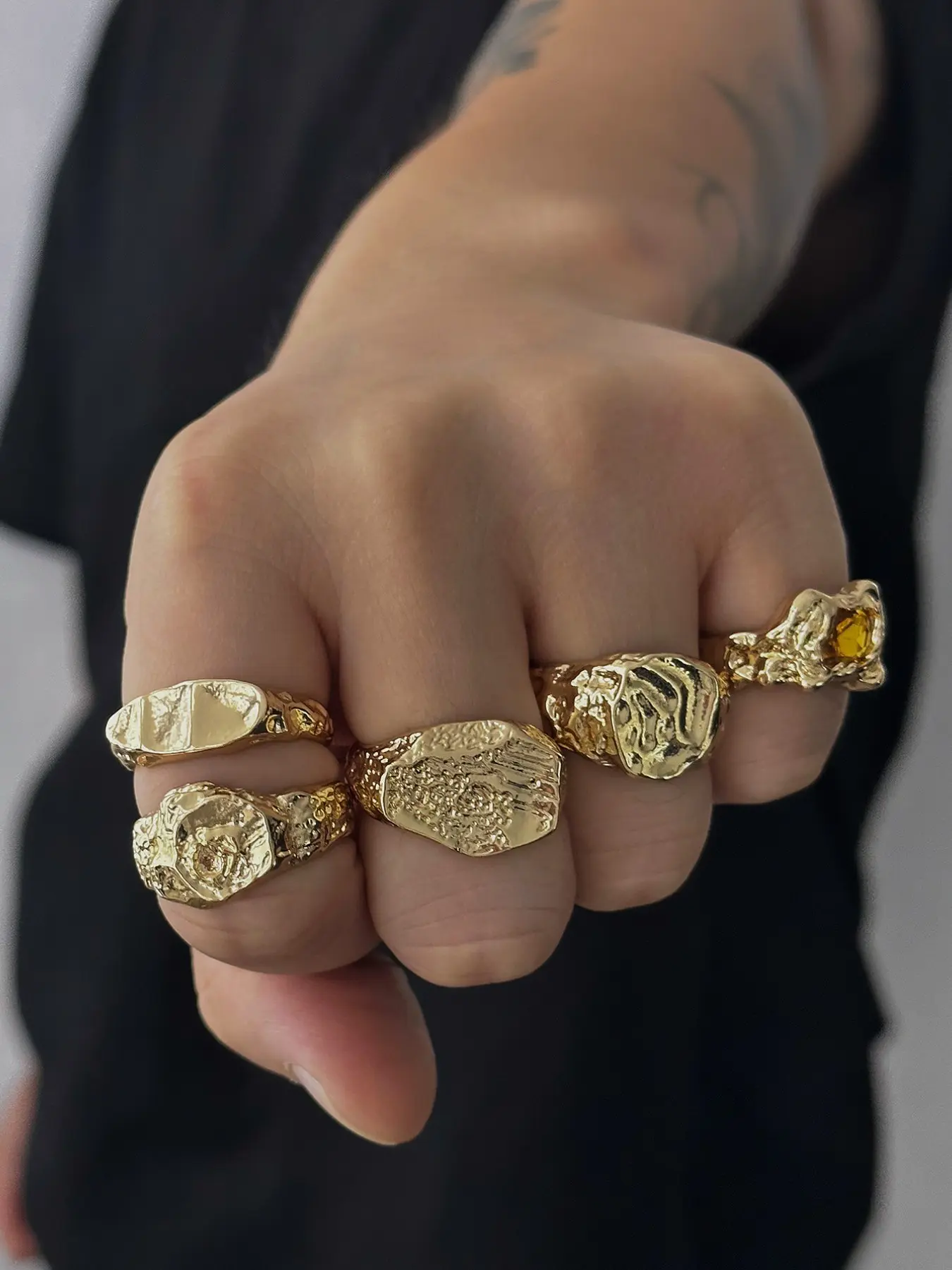 5-Piece Irregular Hammered Ring Set, Vintage Texture Stackable Rings, Adjustable Open Cuff for Men, Casual & Party Wear, Stackable Finger Rings