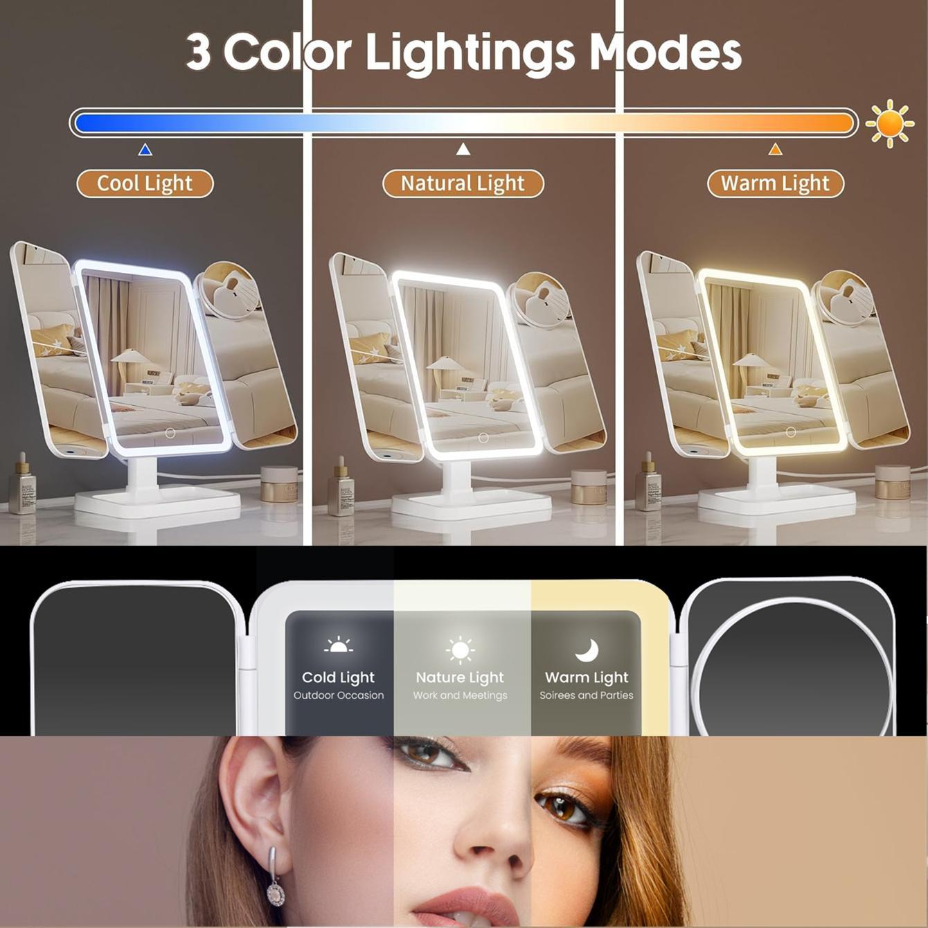 Portable LED Light Makeup Mirror, Lighted Makeup Mirror, Mirror with Lights, 3-fold Foldable Rechargeable Mirror with 2x 3x & 10x Magnification, Touch Control Mirror for Travel & Bedroom Use, Rechargeable Trifold Mirror
