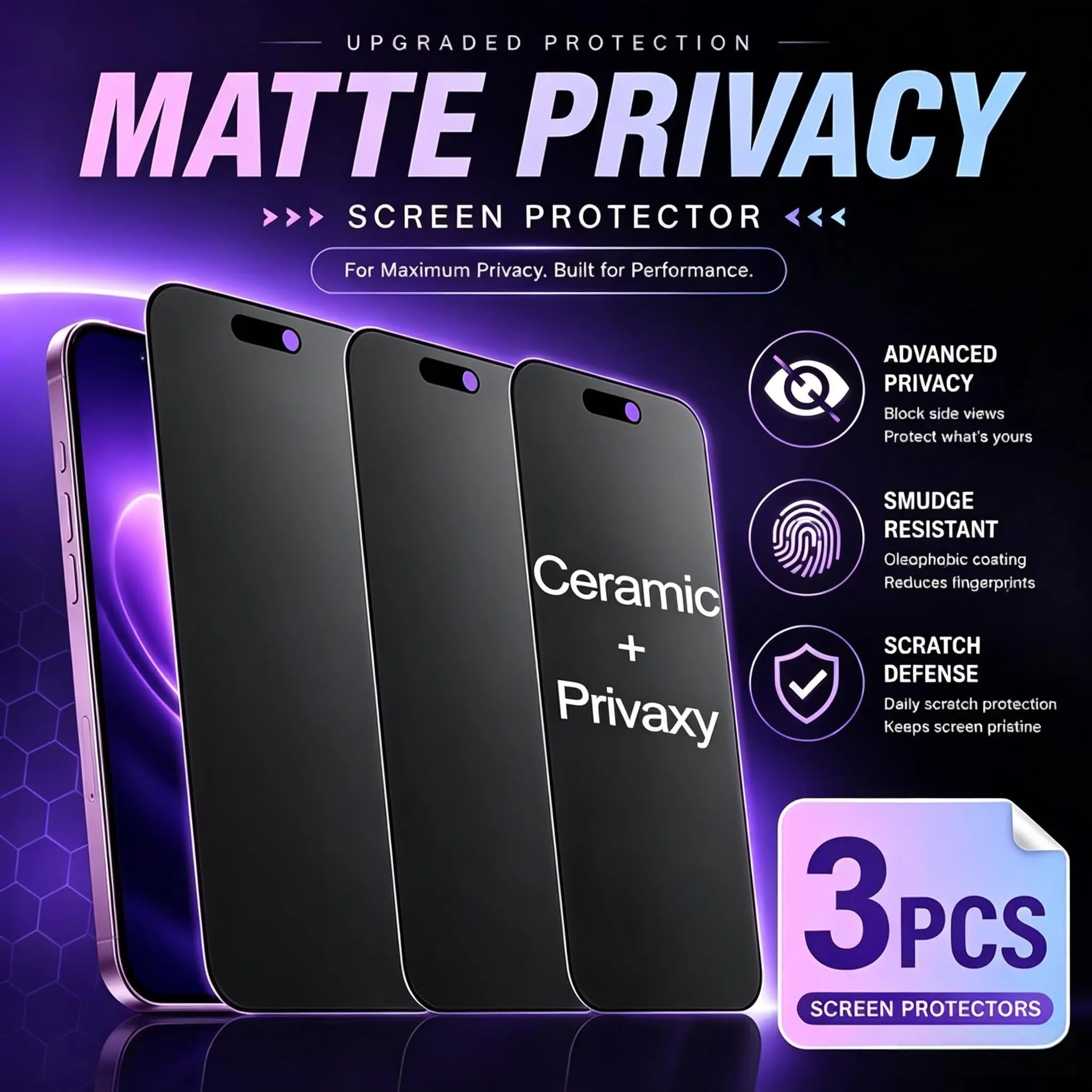 3-Pack Matte Anti-Spy Screen Protector for iPhone 17 Air/17 Pro Max/16 Pro Max/15 Pro/14 Plus/13 Mini/12/11/X Series, Ceramic Film, Fingerprint Resistant, High Clarity, Bubble-Free, Ultra-Thin