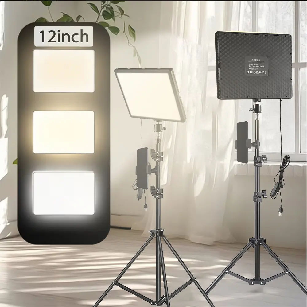 12 Inch USB Powered Dimmable LED Selfie Light, Flat Video Light with Phone Tripod Clamp and Phone Holder for Live Streaming, Photography