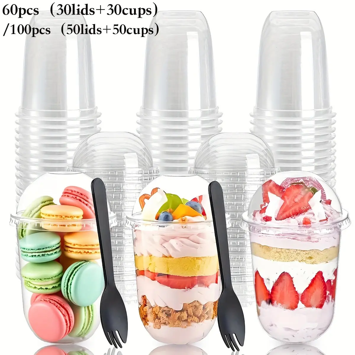 60pcs/100pcs30Cups+30lids）/(50Cups+50lids）16oz Disposable Cups with Lids, 16oz Transparent Plastic Dessert Bowls, No-Hole Snack Bowls for Pudding, Yogurt, Fruit, Ice Cream, Cake