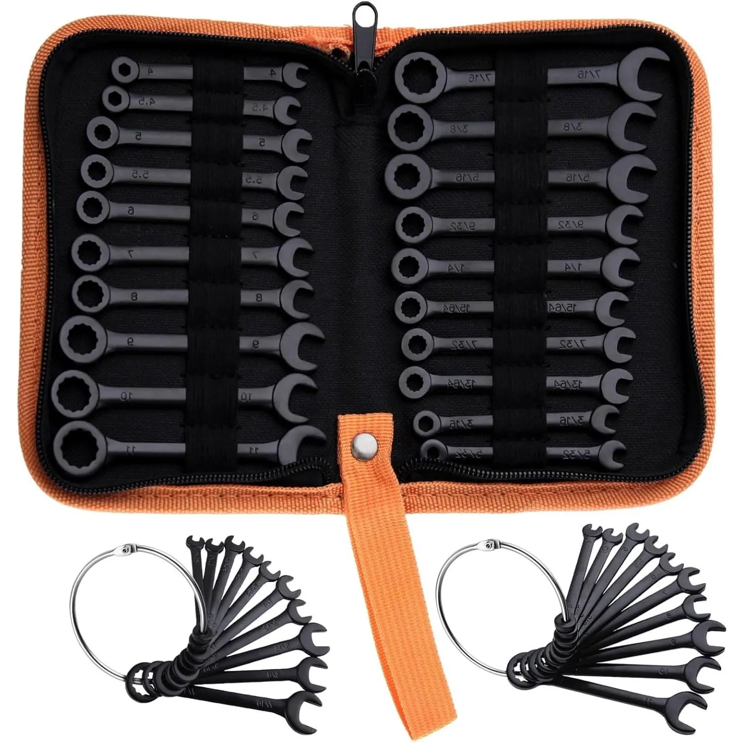 20 PCS Mini Combination Wrench Set, Metric & SAE 4-11mm, 5/32"-7/16", Super Thin Open End & Box End Ignition Wrenches, High Carbon Steel, 15° Offset, Black, with Zipper Bag & Key Ring for Small FastenersGift