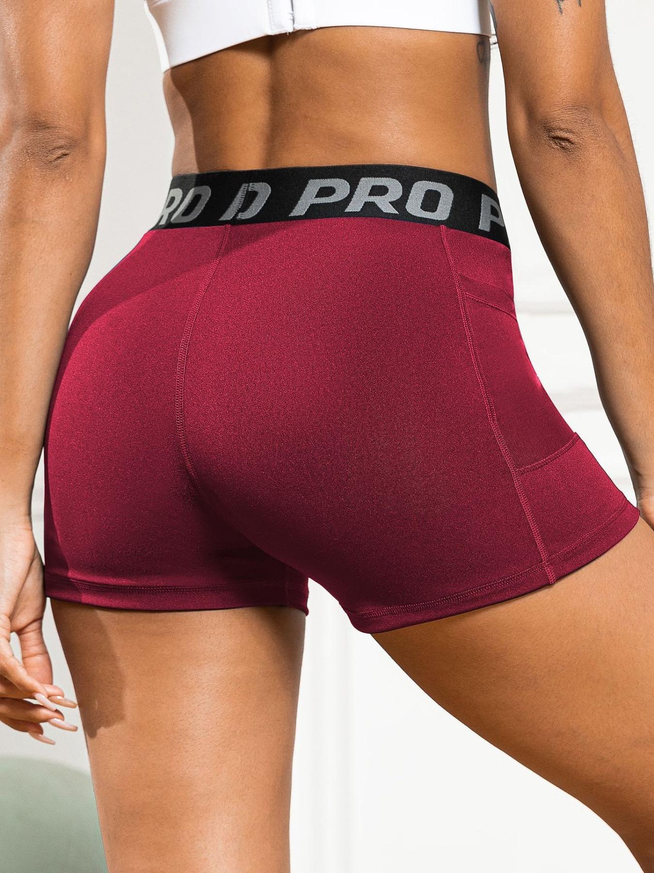 Women's Letter Tape High Waist Sheer Pocket Design Sports Gym Shorts, Casual Breathable Quick Drying Skinny Shorts, Biker Shorts, Ladies Sportswear for Indoor Outdoor Wear, Fall Outfits, Fallfreshness, Gym Clothing, Side Pocket Shorts