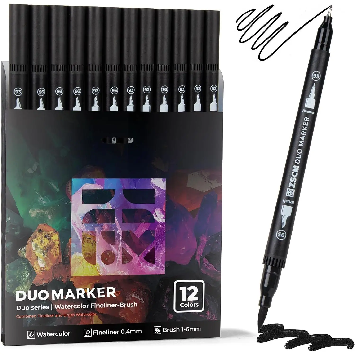 Black Duo Tip Marker Pens, 12 Fine & Brush Tip Pen For Adult Coloring Books | No Bleeding Jet Black Markers, Drawing Pen for Outlining, Sketching,  Manga, Calligraphy and Graphic Novels