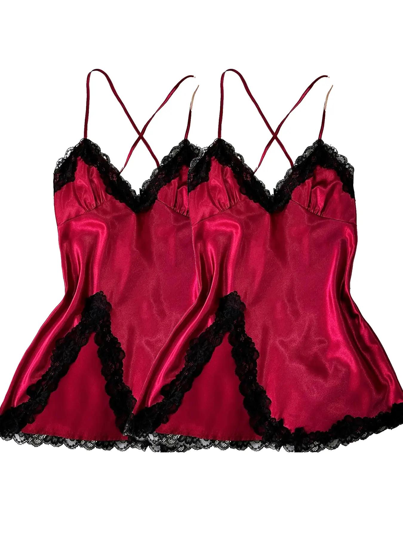 Valentine's Day Women's Contrast Lace Criss Cross Bow Back Satin Cami Nightdress, Elegant Spaghetti Strap Split Hem Backless Nightgown, Gift for Her, Dresses for Women, Women's Summer Sleepwear