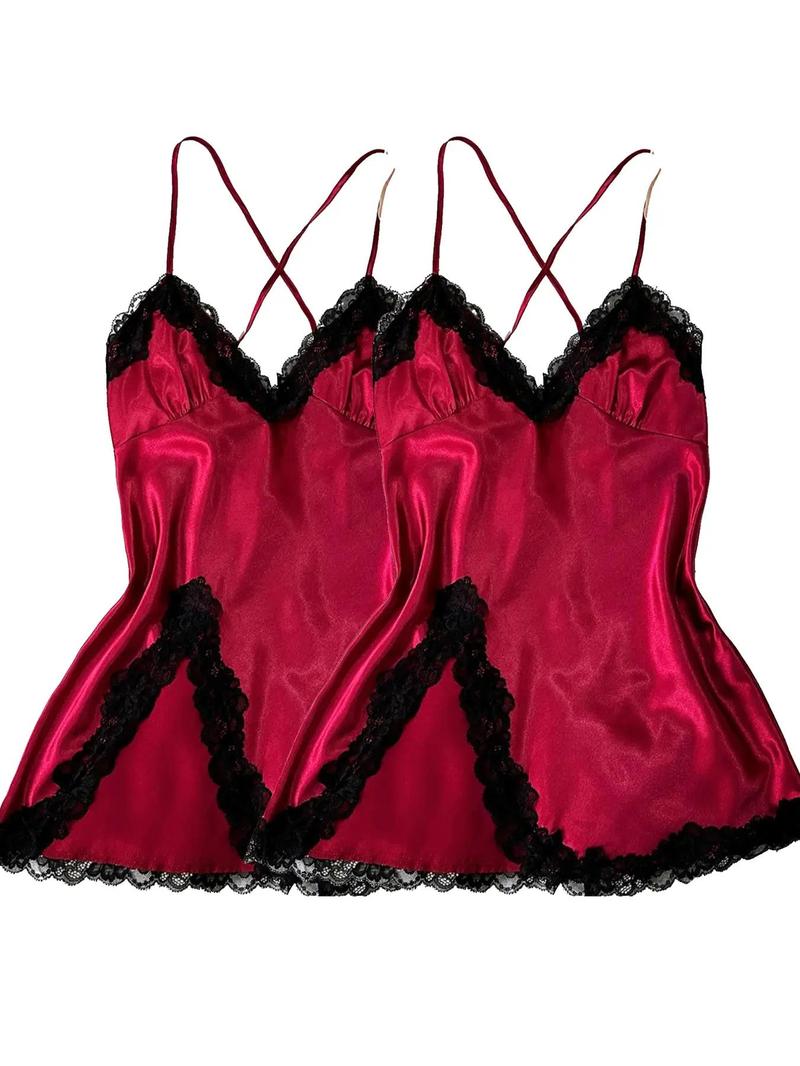 Valentine's Day Women's Contrast Lace Criss Cross Bow Back Satin Cami Nightdress, Elegant Spaghetti Strap Split Hem Backless Nightgown, Gift for Her, Dresses for Women, Women's Summer Sleepwear