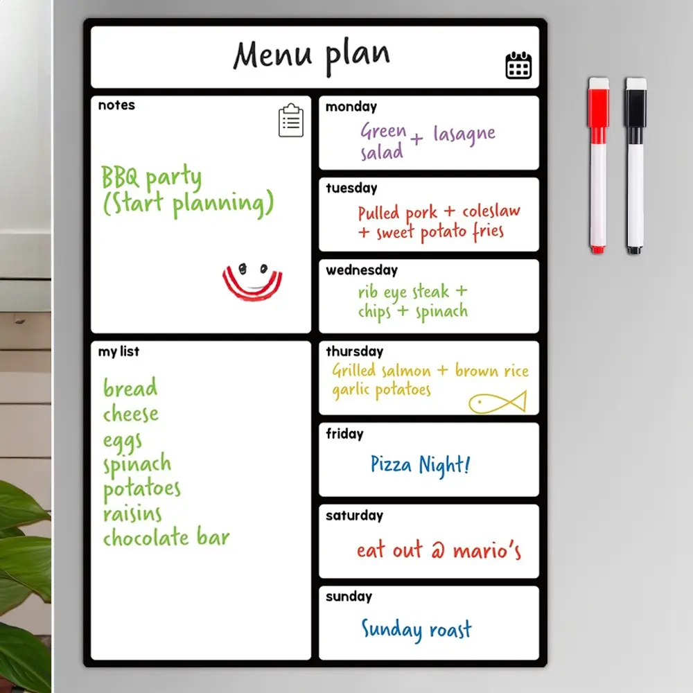 Magnetic Weekly Meal Planner for Refrigerator, Meal Planning and Shopping List Board, Memo Board and Home Plan Announcement Board, Weekly Use, Includes Two Markers, Menu Planner