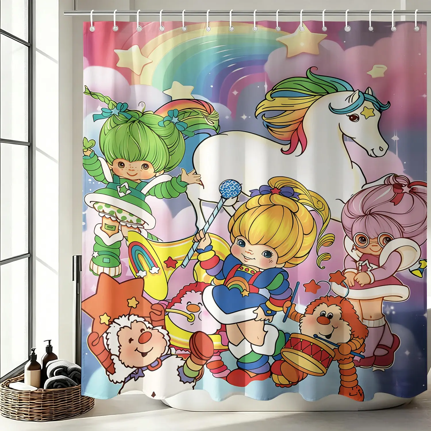 Vintage Rainbow Cartoon Character Shower Curtain, Waterproof Fabric Bath Curtain, Cute Unicorn Star Cloud Print Bathroom Curtain Decor for Kids Girls Bathtub Partition with Hooks