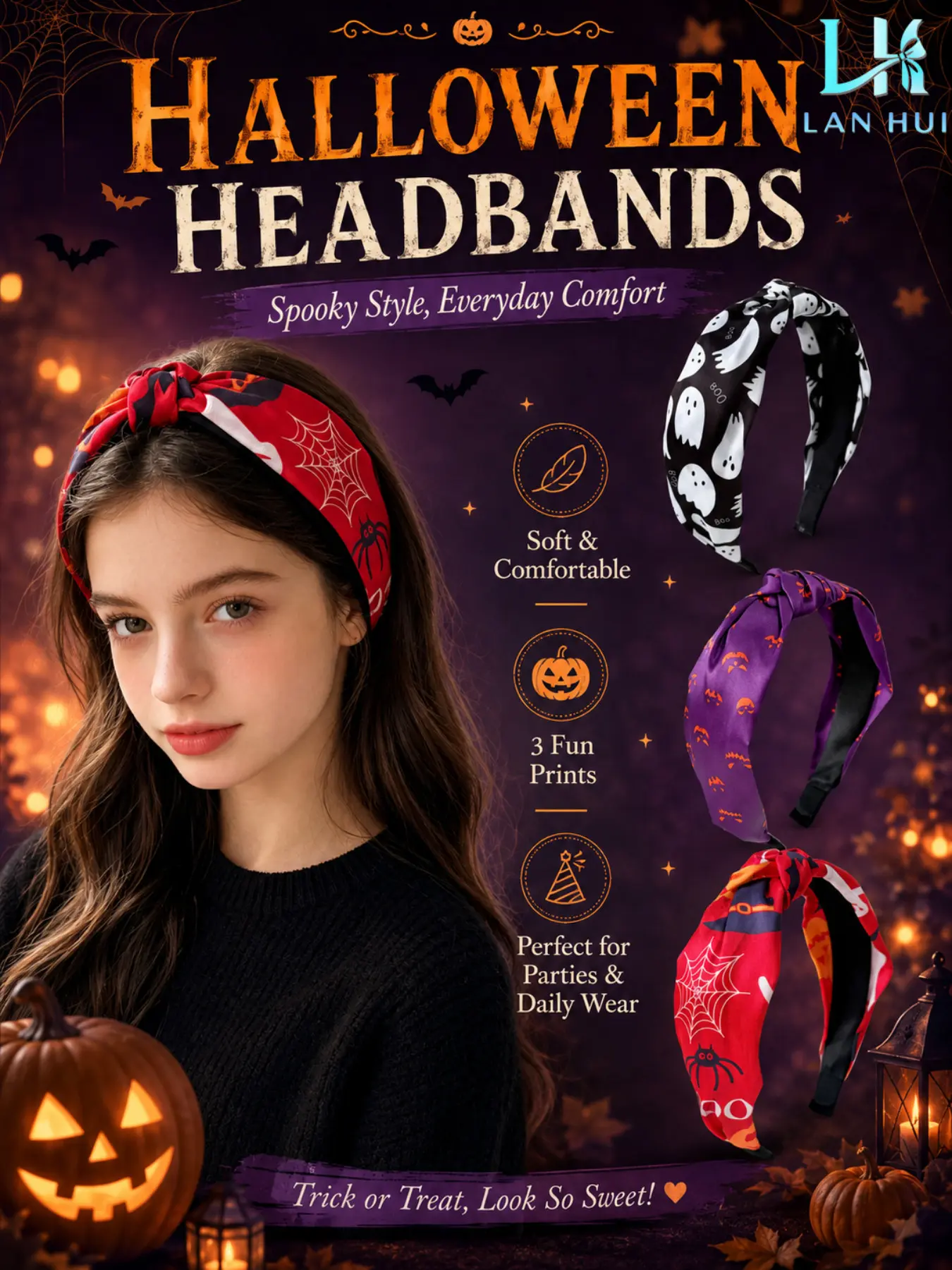 Halloween 3-Piece Set Wide Headbands, Cute and Comfortable, Ghost Pumpkin Spider Web Design, Perfect for Parties and Daily Wear, Elastic Fashion Headbands