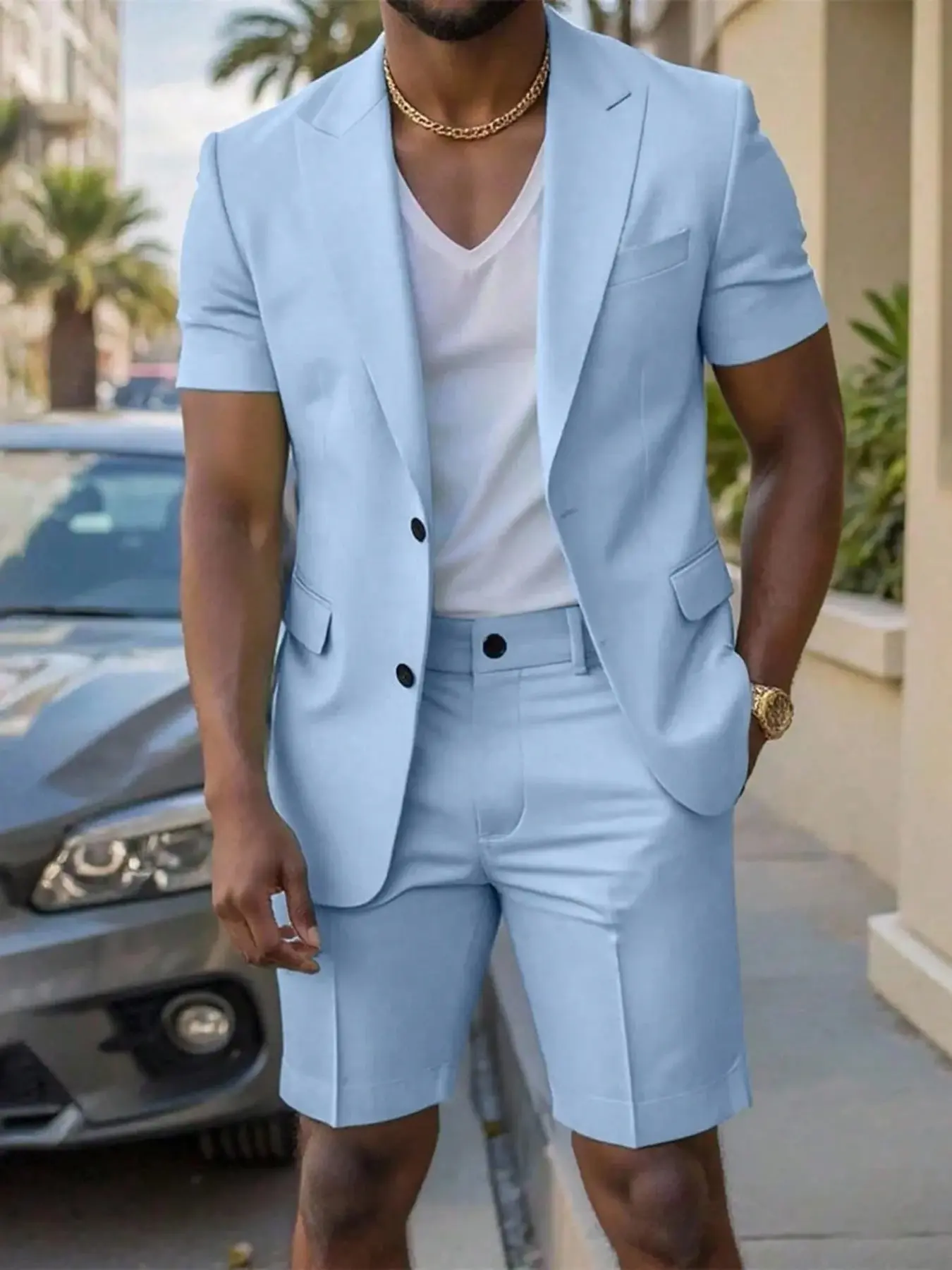 Men's 2-Piece Suit Set, Short Sleeve Notched Lapel Single-Breasted Blazer and Suit Shorts, Chest Pocket, Flap Pockets and Belt Loops, Smart Casual Outfit