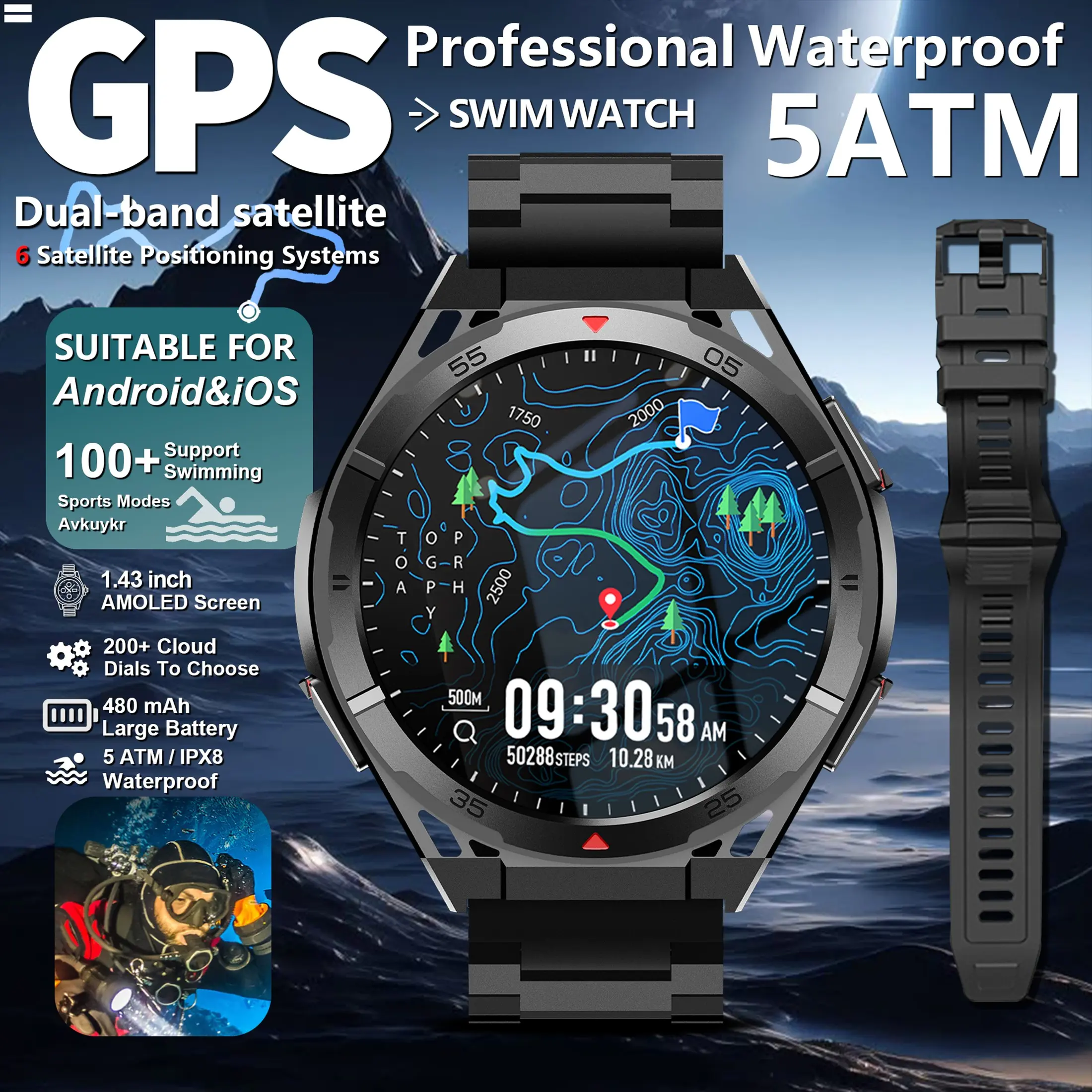 2026 New GPS Smart Watch, Compass, Altitude/barometer, Wireless Calling, Voice Assistant, 5atm Waterproof, 100+ Sports Modes, 1.43-Inch Amoled Screen