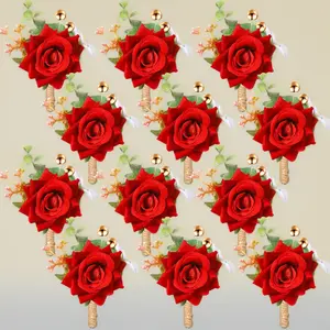 12 Pcs Boutonniere for Men Wedding Flower Boutonniere Rose Corsage Set with Pin for Groom Groomsmen Prom Western Wedding Anniversary Dinner Fall Party Decor (Red)